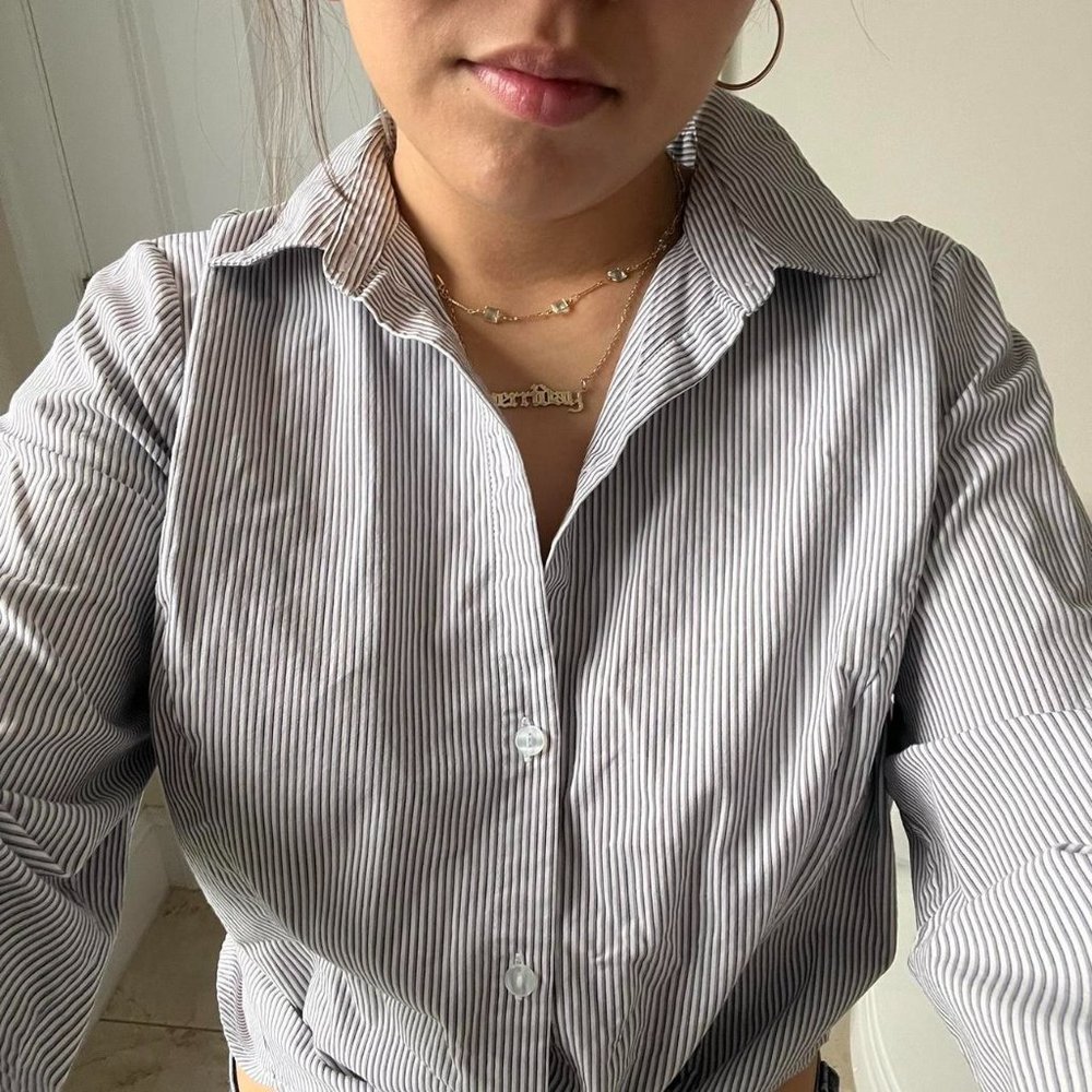 worthington blue striped blouse long sleeve collared y2k tie collared skirt